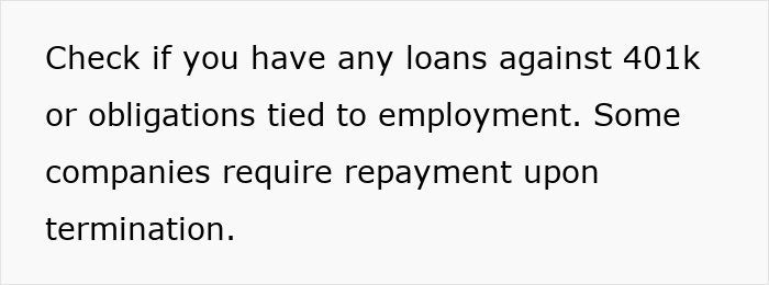 Text about checking loans against 401k and employment obligations as subtle red flags for job safety risk.