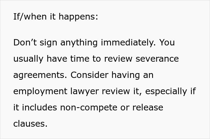 Text advising not to sign severance agreements immediately and to review job safety red flags carefully with a lawyer.