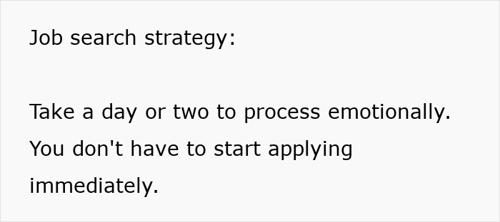 Text image showing a job search strategy advising to take time emotionally and not rush applying, highlighting job safety red flags.