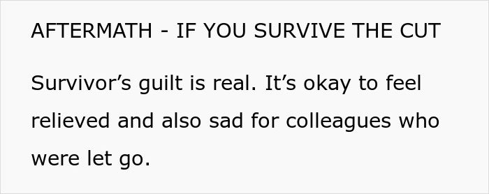 Text excerpt about survivor&rsquo;s guilt after layoffs highlighting subtle red flags that mean job safety is at risk.