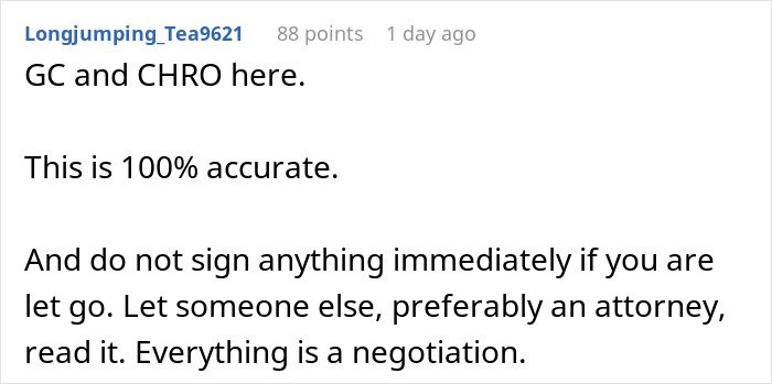 Comment warning about job security, advising caution and legal advice before signing documents after being let go.