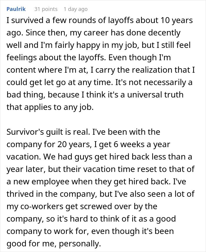 User comment reflecting on surviving layoffs and ongoing feelings about job security, highlighting subtle red flags of job safety.
