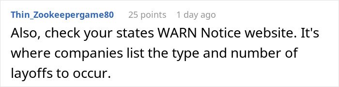 User comment about checking WARN Notice website, highlighting subtle red flags that indicate job insecurity.