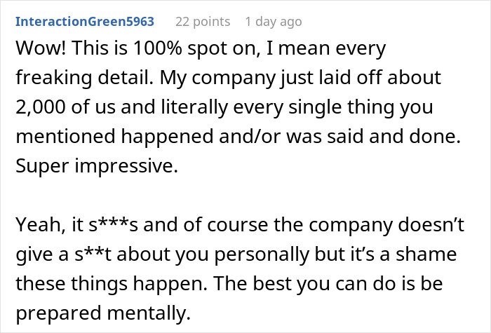 Comment discussing personal experience with subtle red flags indicating job insecurity after company layoffs.