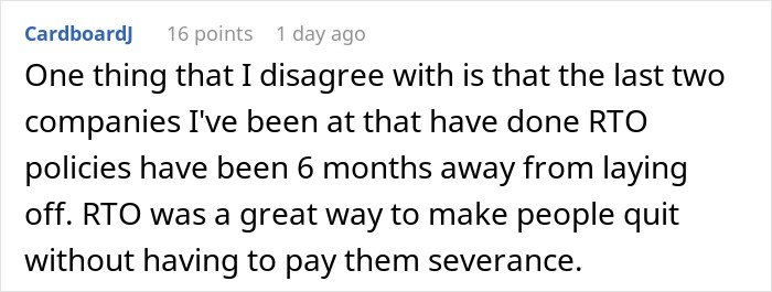 Commenter explaining how return-to-office policies can be subtle red flags indicating job safety risks and potential layoffs.
