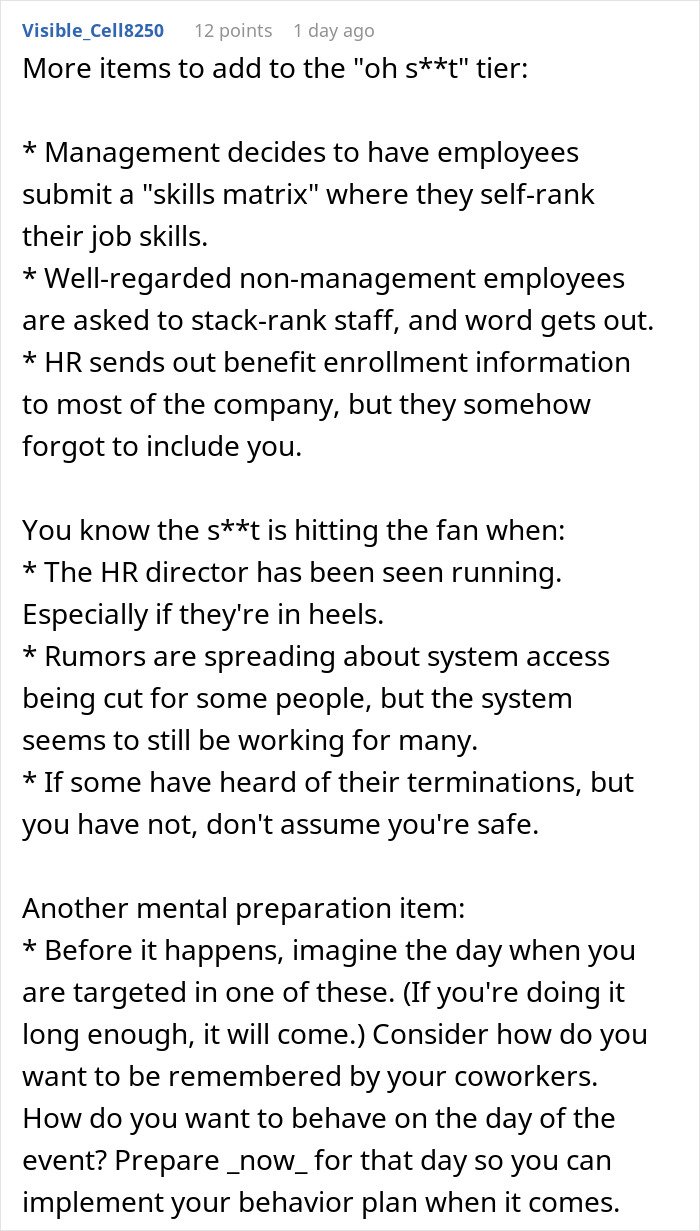 Workplace red flags indicating job insecurity, including management skill ranking and exclusion from benefit info.