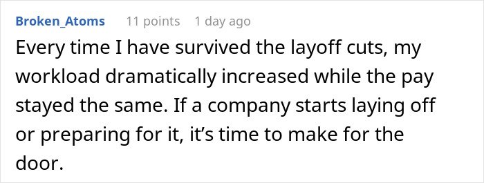 Red flags indicating job insecurity shown in a forum comment about layoffs and increased workload challenges.
