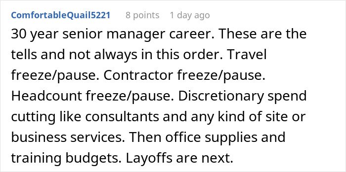 Comment highlighting subtle red flags like travel and headcount freezes indicating your job is actually not safe at all.