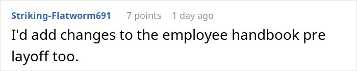 Screenshot of a Reddit comment suggesting changes to the employee handbook as a subtle red flag about job safety.