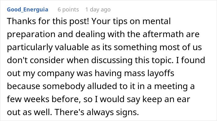 Comment highlighting subtle red flags indicating your job is not safe, mentioning mass layoffs and warning signs.
