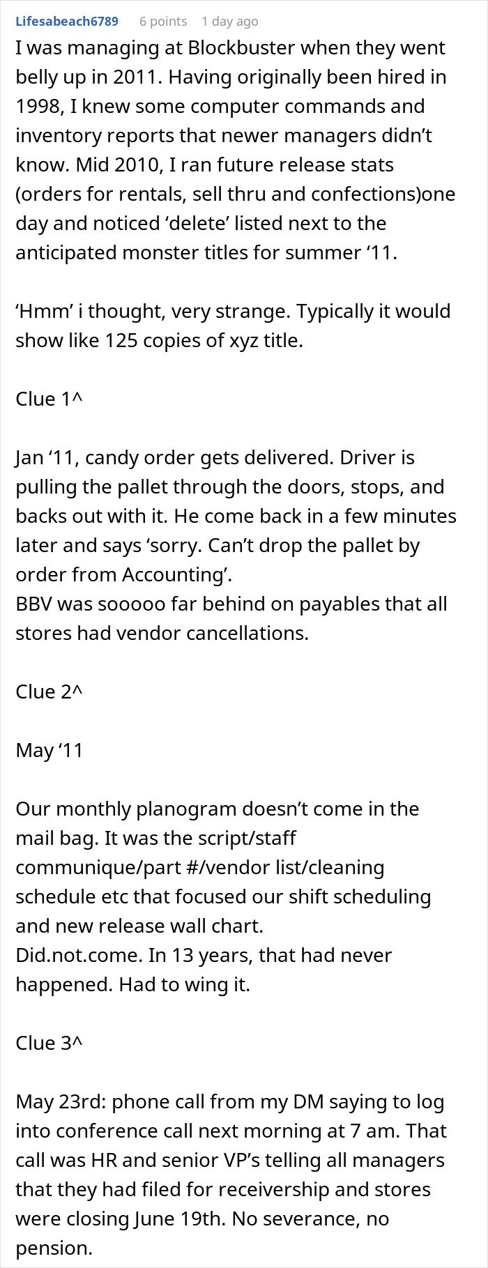 Text post sharing subtle red flags indicating job insecurity, including canceled orders and unexpected company closures.