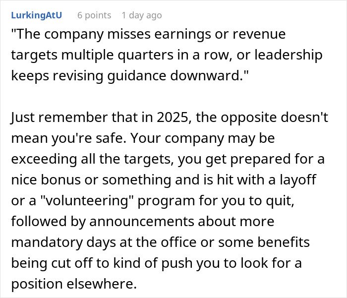 Comment highlighting subtle red flags that indicate a job may not be safe despite meeting company targets.