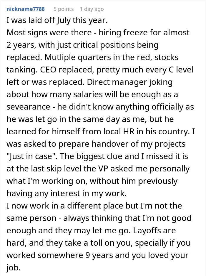 User comment describing subtle red flags and personal experiences indicating a job was not safe before layoffs occurred.