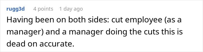 Comment about job cuts from both employee and manager perspective, highlighting subtle red flags of job insecurity.