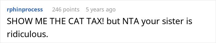 Screenshot of an online comment referencing a cat tax in a humorous discussion about giving a laptop to a cat instead of a sister.