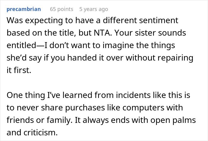 Screenshot of a Reddit comment discussing sharing old laptops with family and the issues it can cause online.