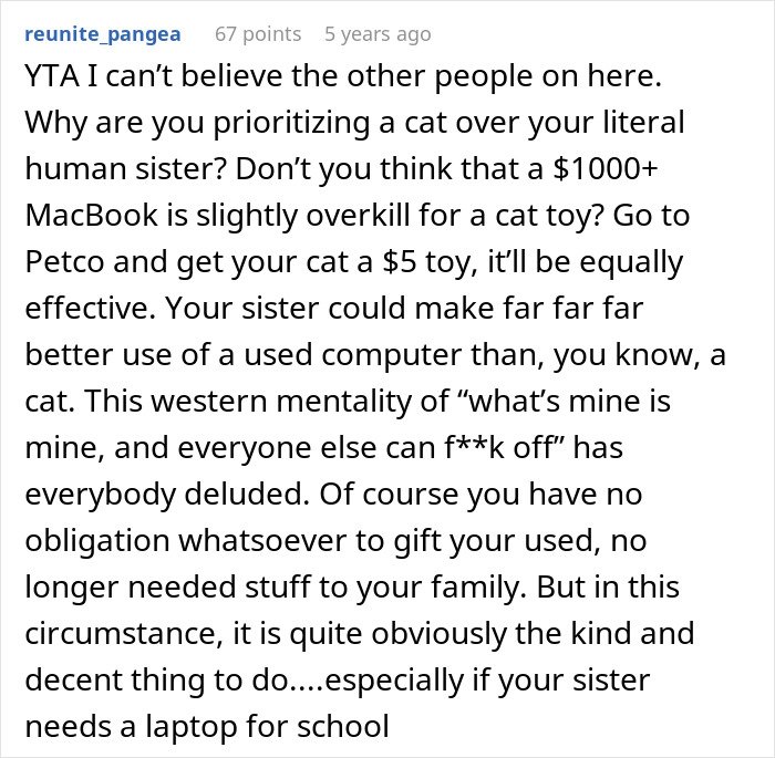Comment discussing controversy after guy splits the internet by giving his old laptop to his cat instead of his sister.