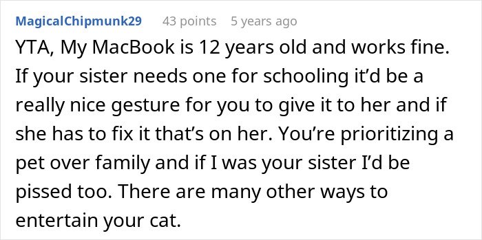 Screenshot of a Reddit comment discussing a guy giving his old laptop to his cat instead of his sister, sparking debate online.