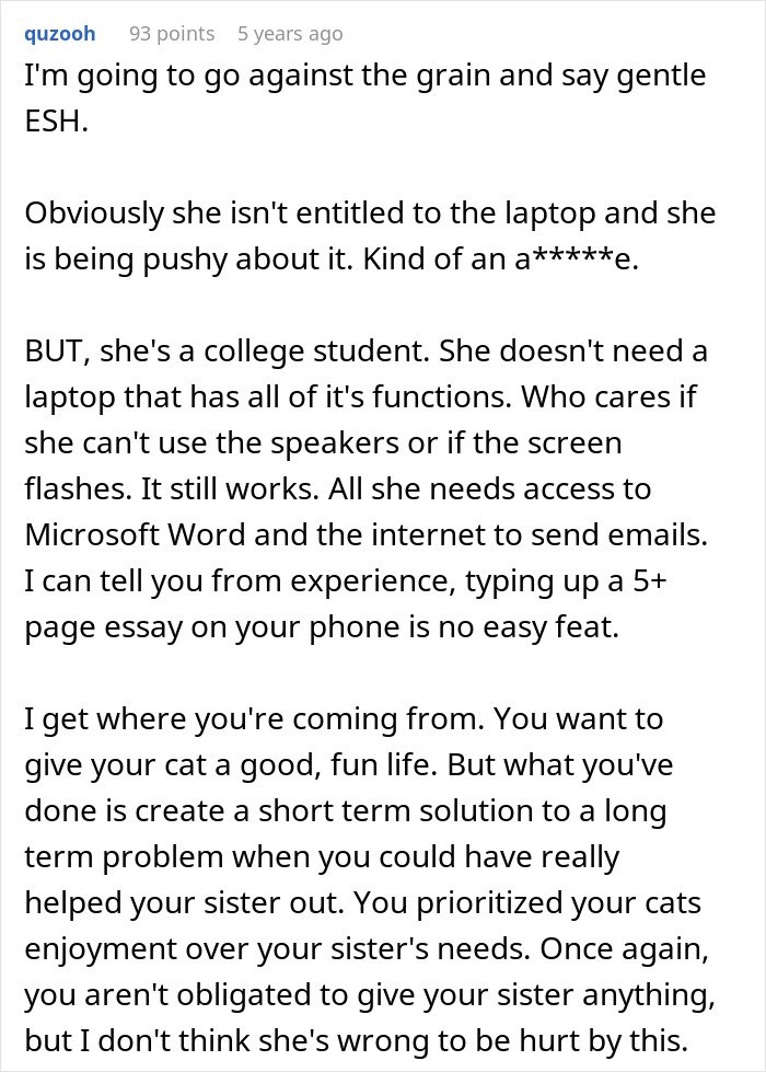 Reddit user comments discussing a guy giving his old laptop to his cat instead of his sister, sparking internet debate.