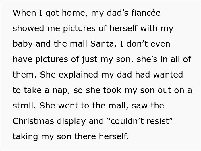 Step-grandma sneaks baby to Santa at mall Christmas display while babysitting, leading to lost babysitting privileges forever.