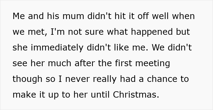 Text on white background describing a woman upset as her son’s partner visited without a gift after being asked not to bring tacky little trinkets.