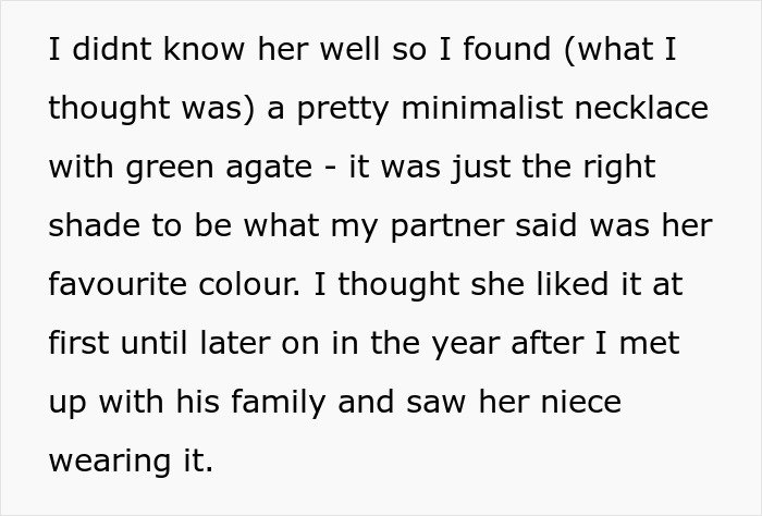 Text about woman upset after son’s partner came without gift, feeling disappointed about tacky little trinkets request.