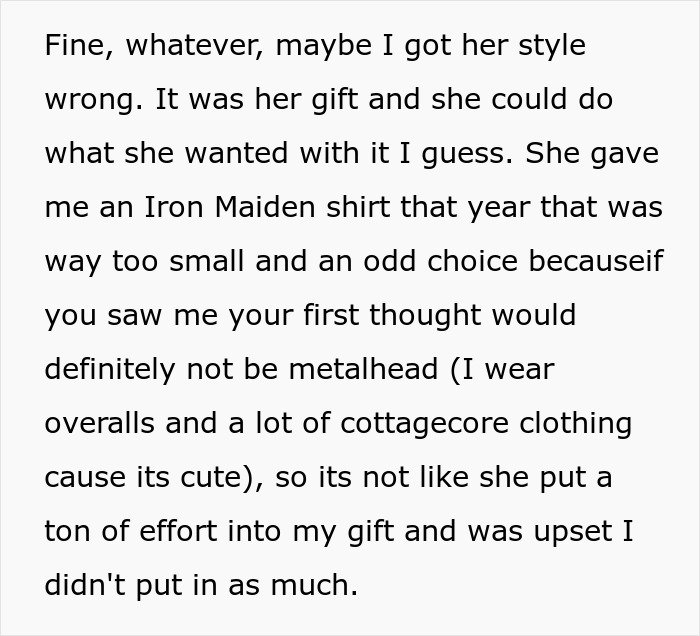 Text discussing a woman upset about her son’s partner giving gifts despite being asked not to receive tacky little trinkets.