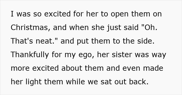 Text excerpt from a woman upset with son’s partner about gift expectations and tacky little trinkets during Christmas.