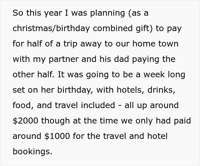 Text excerpt from a woman upset about her son’s partner coming without a gift after she asked him not to bring tacky little trinkets.