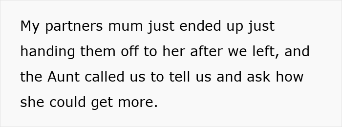 Text message discussing woman upset with son’s partner for visiting without a gift after asking not to receive trinkets.