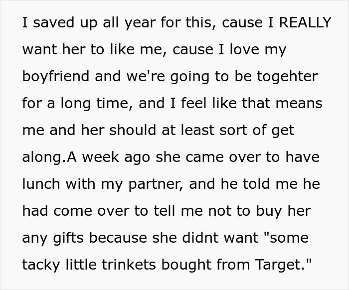 Text screenshot showing a message about a woman upset her son’s partner came without a gift after being asked not to get tacky little trinkets.