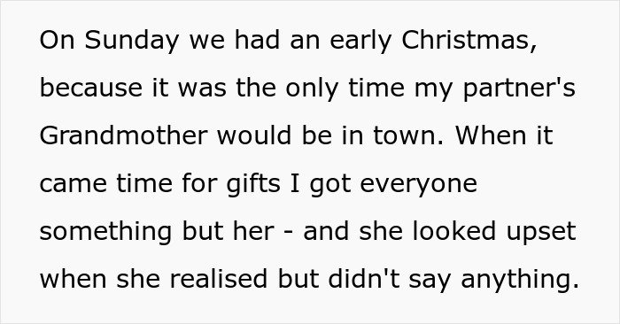 Text excerpt about a woman upset that her son’s partner came without a gift after she asked him not to bring tacky little trinkets.