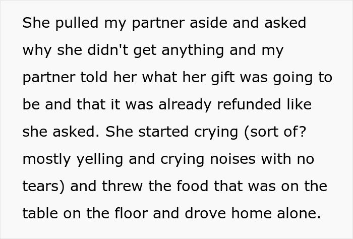 Text describing a woman upset because her son’s partner came without a gift after being asked not to get tacky little trinkets.