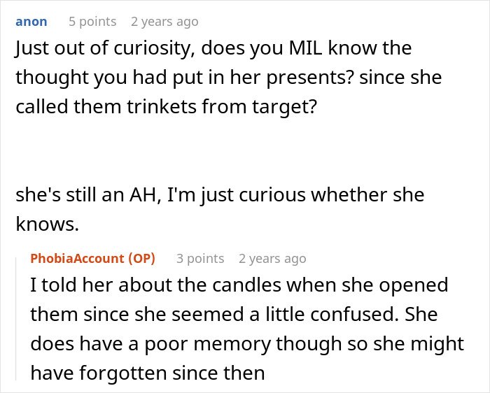 Screenshot of an online discussion about a woman upset with her son’s partner for no gift after banning tacky little trinkets.