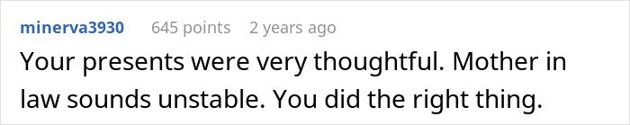 Comment text expressing support for someone whose son’s partner came without a gift after request to stop with tacky trinkets.