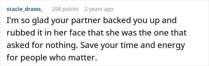 Comment expressing support for a woman upset about son’s partner coming without a gift after being asked not to receive tacky trinkets.
