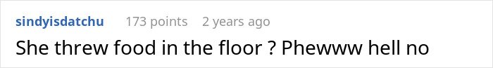 Text comment on a social media post expressing strong disapproval about someone throwing food on the floor.