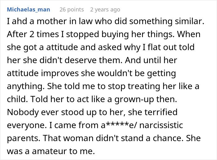 Text post discussing a woman upset over son's partner bringing gifts after being told no more tacky little trinkets.
