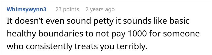 Screenshot of an online comment discussing boundaries and feelings involving a son’s partner and gift expectations.