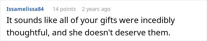 Screenshot of an online comment expressing frustration about receiving repeated gifts despite requests not to get tacky little trinkets.