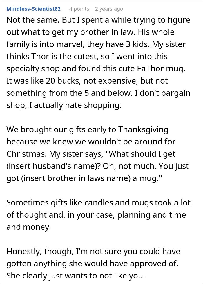 Text post from a user discussing gift-giving issues with woman upset son’s partner bringing gifts despite requests.