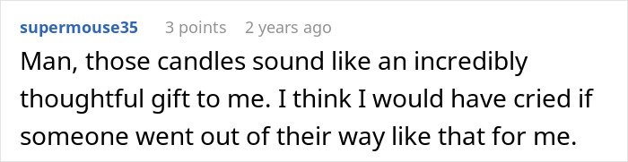 Text screenshot of a Reddit comment discussing a thoughtful gift, relating to woman upset son’s partner and tacky little trinkets.