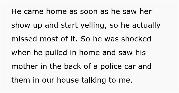 Text excerpt describing a husband arriving home to find his mother-in-law taken away in a police car after a confrontation.