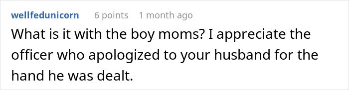 Screenshot of a Reddit comment discussing appreciation for an officer apologizing related to a family situation.