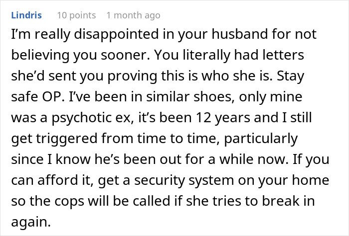 Comment on a forum discussing a woman finally taking out a restraining order against her mother-in-law after 29 years of marriage.