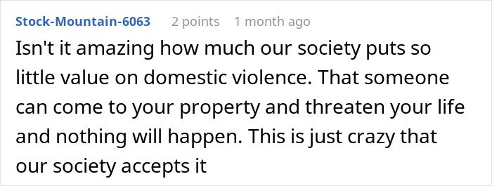 Text comment about society’s indifference to domestic violence and threats to personal safety at home.