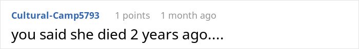Comment text on a white background discussing a claim about someone dying two years ago, related to a restraining order against MIL.