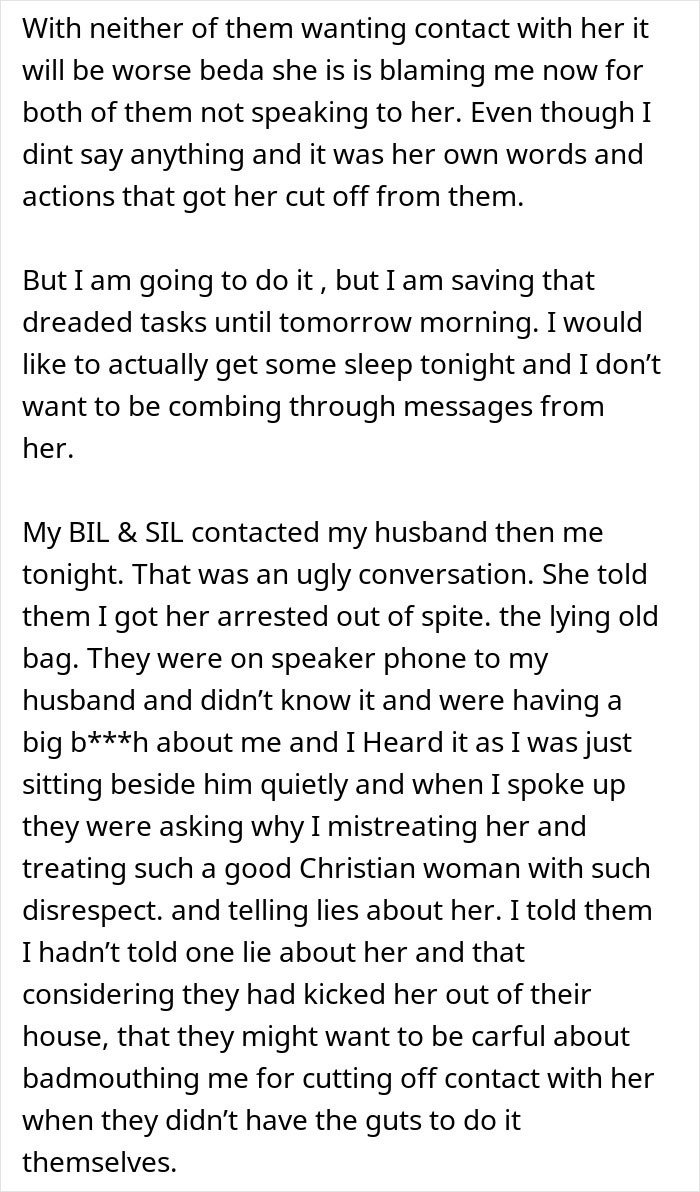 Text excerpt showing a woman describing family conflict leading to her taking out a restraining order against her mother-in-law.