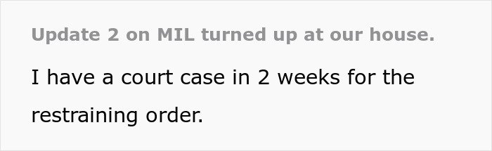 Text showing update about court case for restraining order involving mother-in-law after years of marriage conflict.