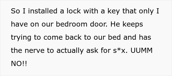 Text message showing a woman describing installing a bedroom door lock due to husband’s unwelcome advances.